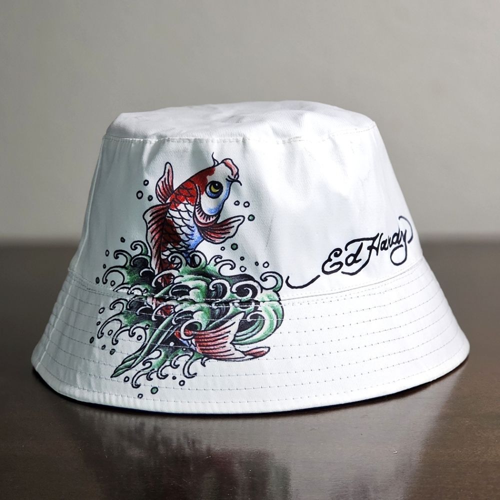 Ed Hardy By Christian Audigier Fish Tattoo Bucket Hat Reversible White Blue New - Picture 1 of 9